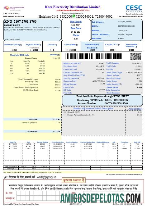 Em branco modelo Word e PDF para fatura de serviços públicos de eletricidade da Índia Kota